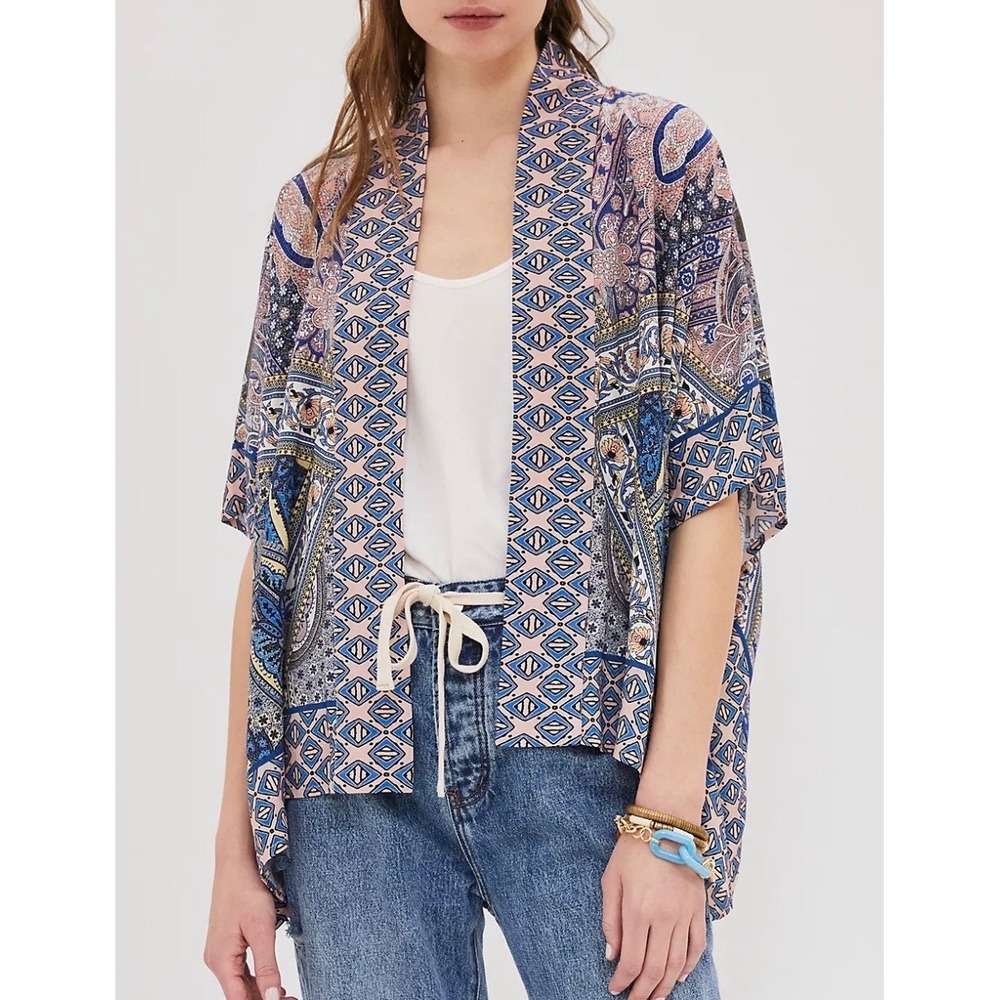 Anthropologie Bl^nk London‎ Aletha Cropped Kimono Blue Boho Paisley Pattern
